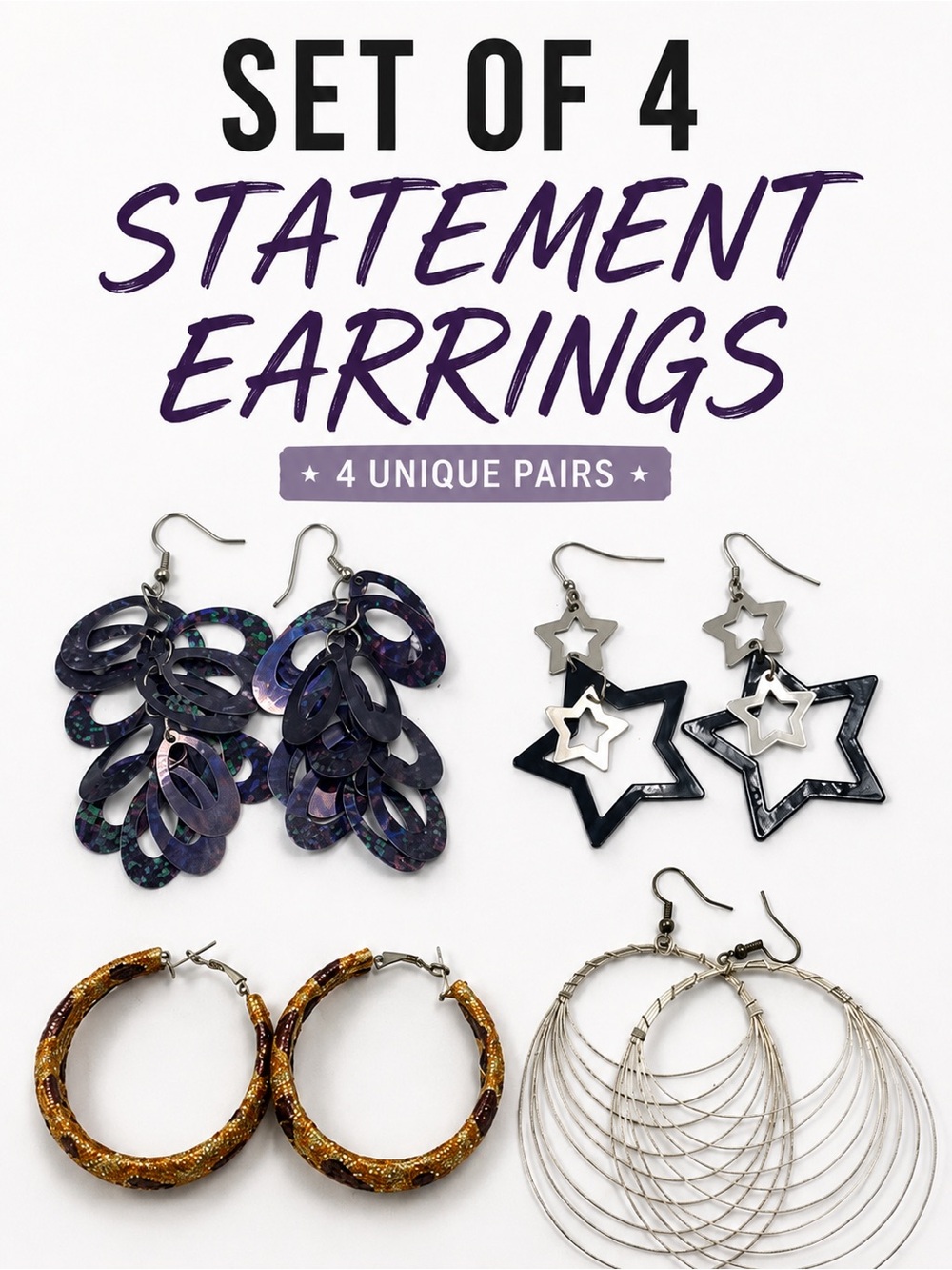 4 Pair Statement Earrings Bundle Hoops Stars Dangle Y2K Costume Jewelry